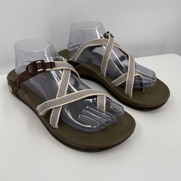Chaco Womens Strappy Slip On Slide Sandals Size 10 Brown Cream Outdoors Hiking - Picture 1 of 10